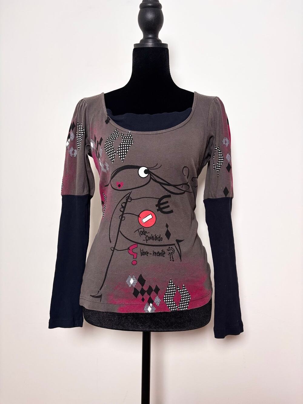 Vtg Y2K Campus Ciudad Brown Pink Whimsical Abstract Print Long Sleeve Top Size M